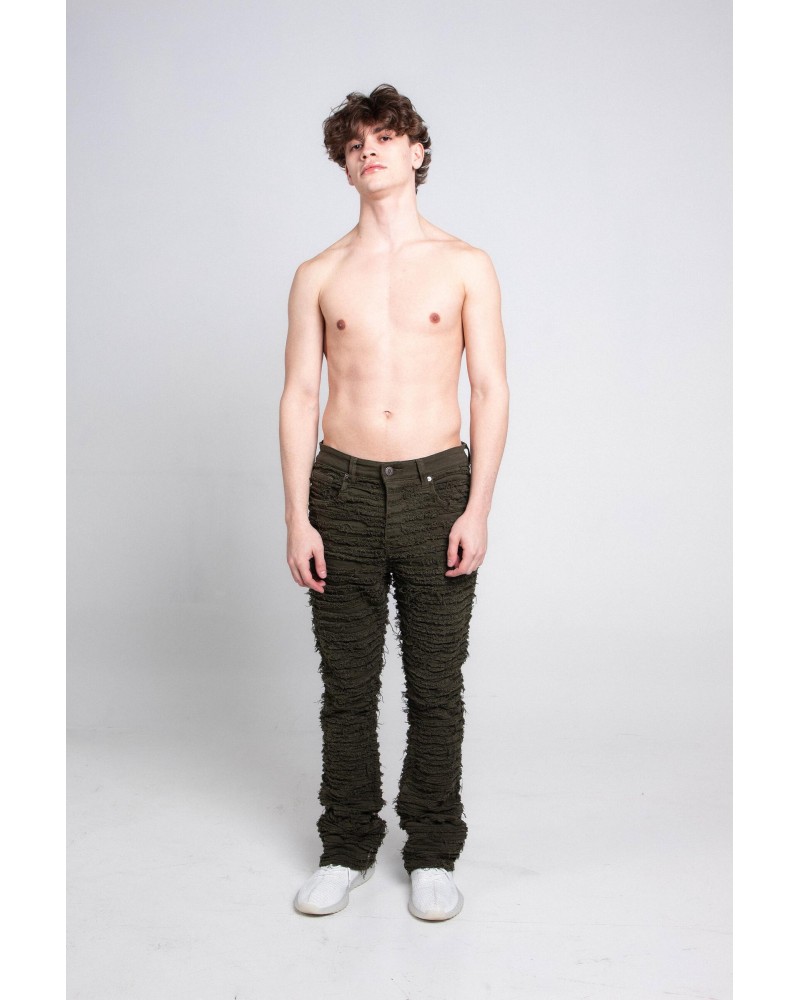 Armor Jeans NY - TASSELS THRASHED STACKED DENIM Pant - Olive