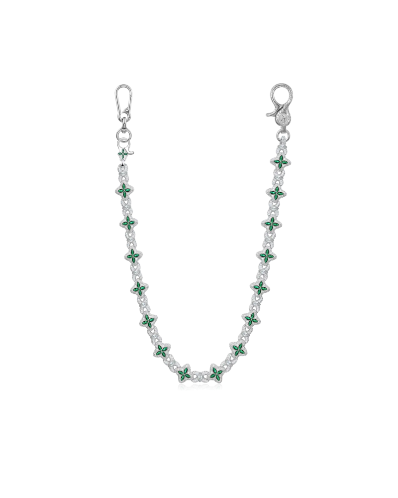 APORRO BRAND - Iced Luminous Clover Necklace & Wallet Chain - White Gold