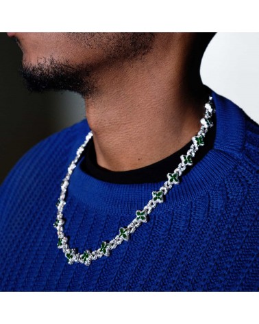 APORRO BRAND - Iced Luminous Clover Necklace & Wallet Chain - White Gold
