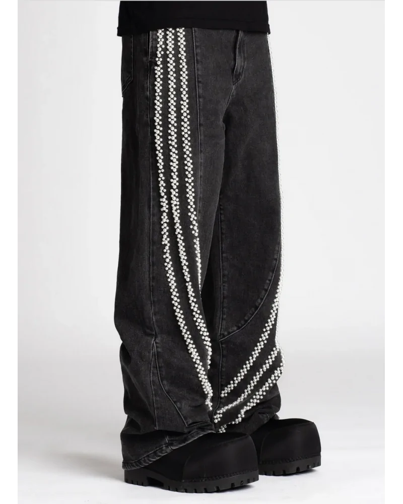Guapi Clothing - Iron Grey Pearl Denim Baggy Pant - Black/Pearls