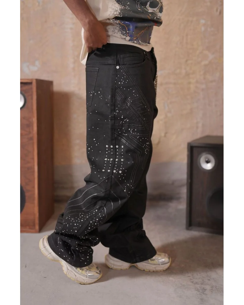 Elite Premium Jeans - Elite Star Embellished Baggy Jeans - Black