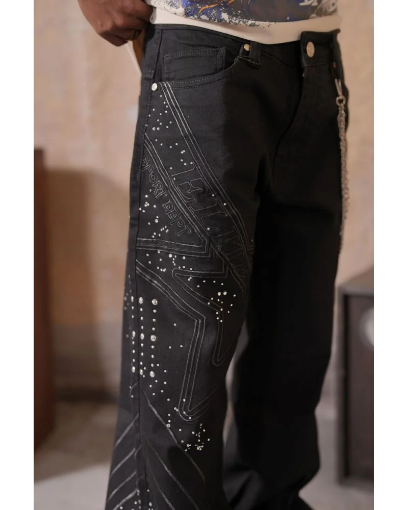 Elite Premium Jeans - Elite Star Embellished Baggy Jeans - Black