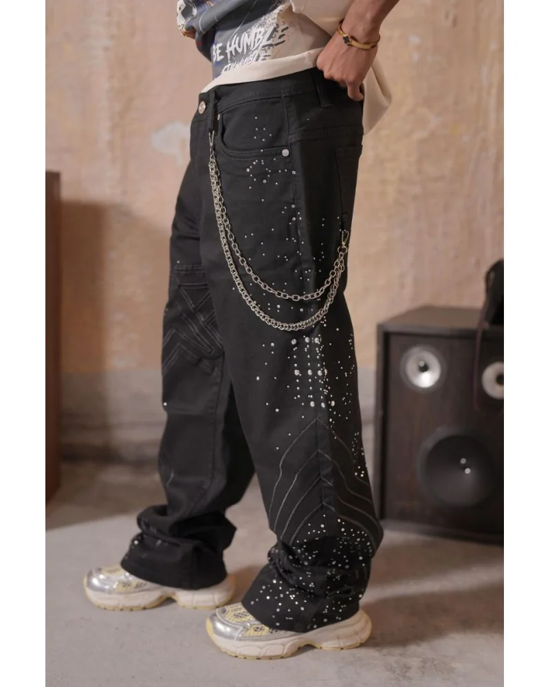 Elite Premium Jeans - Elite Star Embellished Baggy Jeans - Black