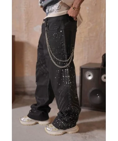 Elite Premium Jeans - Elite Star Embellished Baggy Jeans - Black