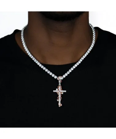 APORRO BRAND - Thorned Rose Cross Tennis Chain - White Gold