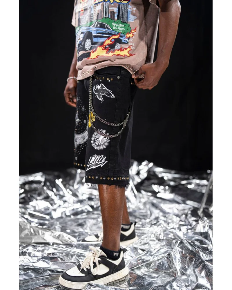 Elite Premium Jeans - Faith Embellished Double Waist Short - Black