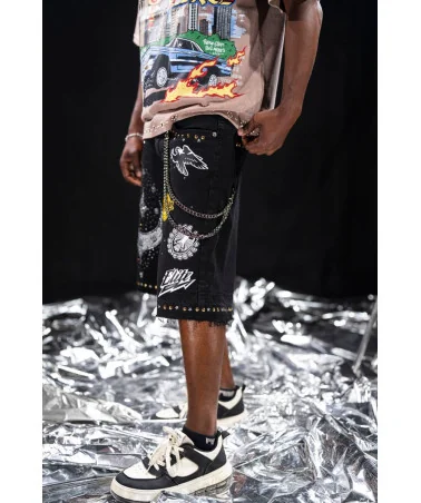 Elite Premium Jeans - Faith Embellished Double Waist Short - Black