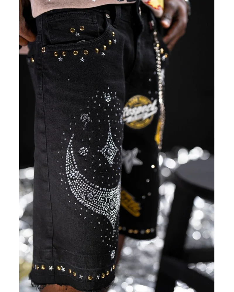 Elite Premium Jeans - Faith Embellished Double Waist Short - Black