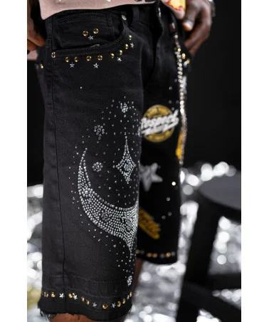 Elite Premium Jeans - Faith Embellished Double Waist Short - Black