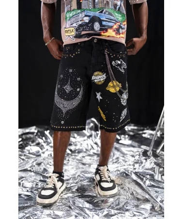 Elite Premium Jeans - Faith Embellished Double Waist Short - Black