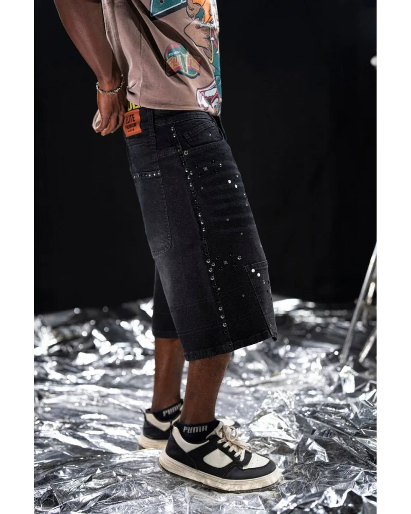 Elite Premium Jeans - Faith Embellished Double Waist Short - Black