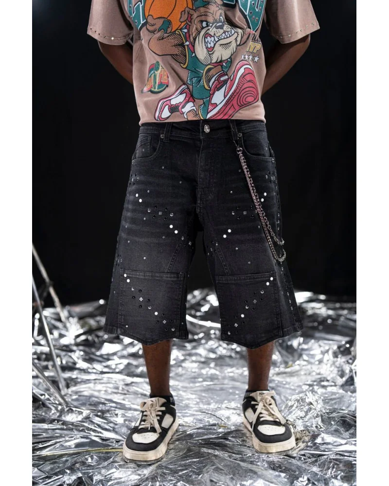 Elite Premium Jeans - Faith Embellished Double Waist Short - Black