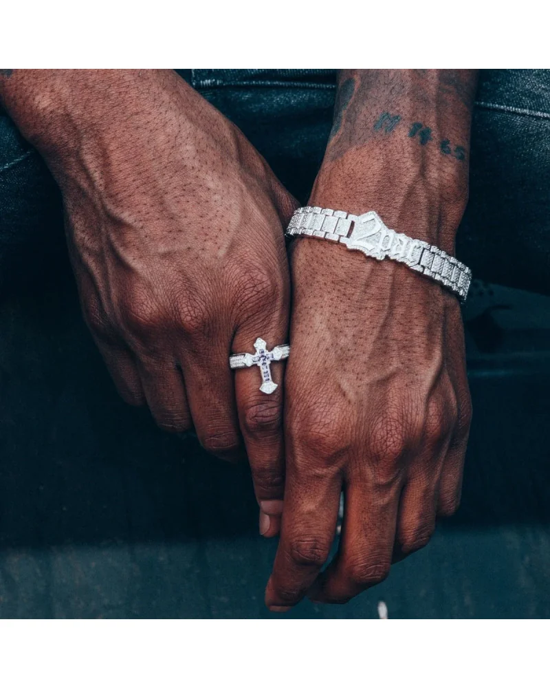 King Ice - Fleur de Lis Cross Ring - White Gold