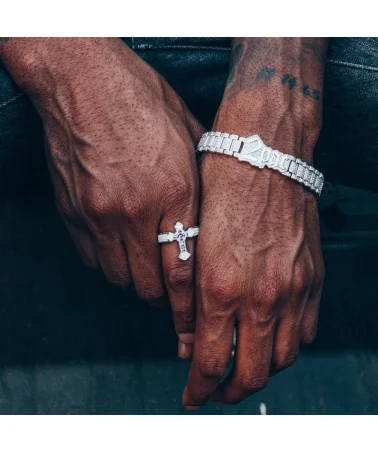 King Ice - Fleur de Lis Cross Ring - White Gold