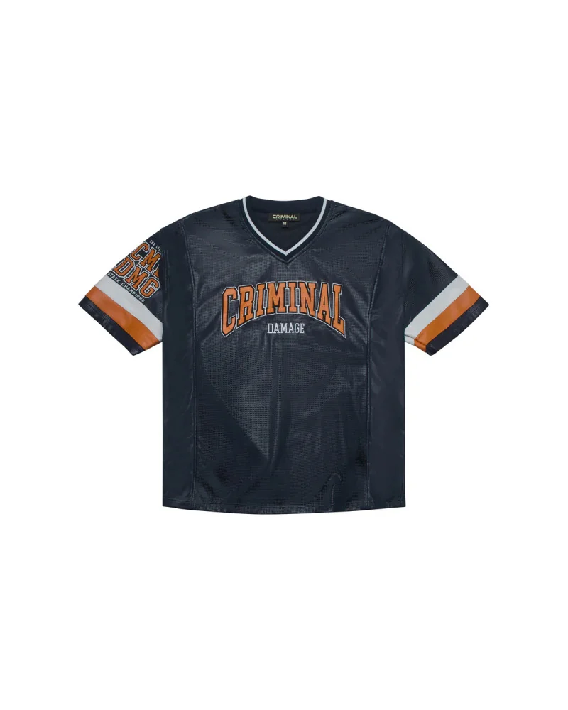 Criminal Damage - Stadium Leather V Neck - Navy