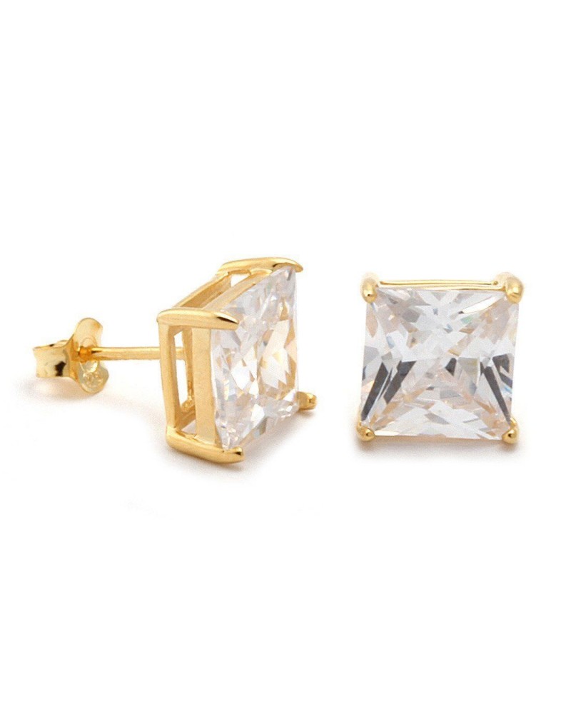 King Ice - Gold Clear Princess Brilliant Sterling Silver CZ Stud Earrings