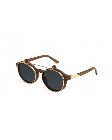 9Five Eyewear - Lane Flip-up Sunglasses - Wood & 24K Gold | blockshops