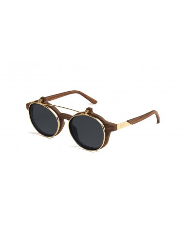 9Five Eyewear - Lane Flip-up Blue Gradient Sunglasses - Wood & 24K Gold 