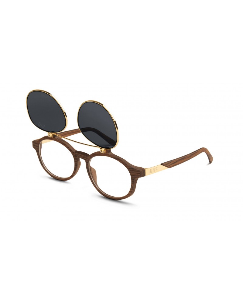 9Five Eyewear - Lane Flip-up Blue Gradient Sunglasses - Wood & 24K Gold 