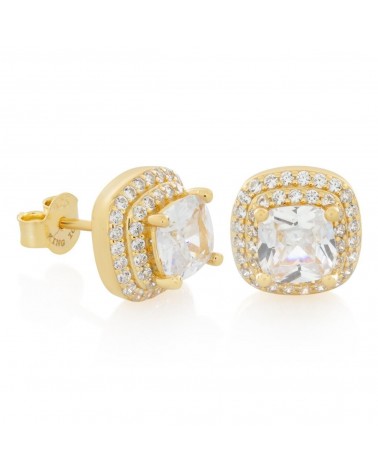 KING ICE - Iced Frame Square Stud Earrings - 14K Gold Pleated