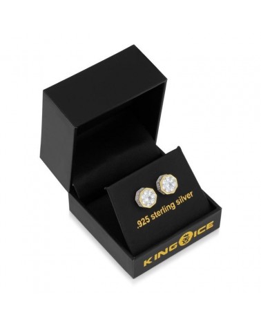 KING ICE - Sterling Silver Hexagon Stud Earrings - 14K Gold Pleated