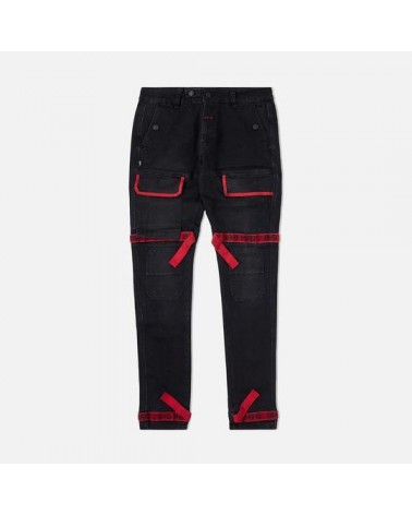 8 & 9 Clothing - Strapped Up Utility Jeans Red Straps - Black / Red