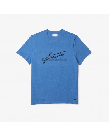 Lacoste - Signature And Crocodile Print Crew Neck Cotton T-Shirt - Blue