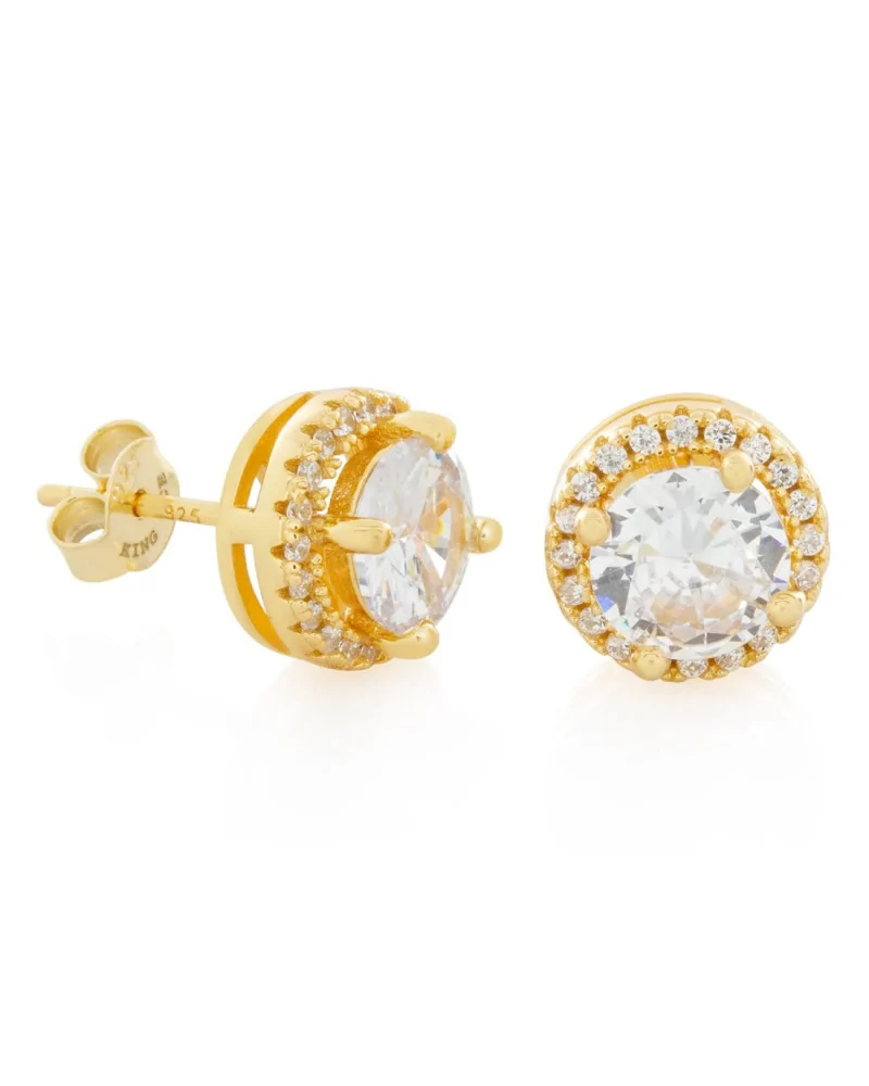 KING ICE - Halo Brilliant Cut Stud Earrings - Gold