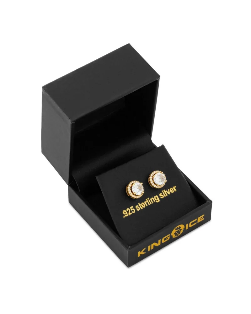 KING ICE - Halo Brilliant Cut Stud Earrings - Gold