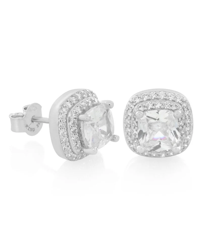 KING ICE - Halo Brilliant Cut Stud Earrings - White Gold | blockshops