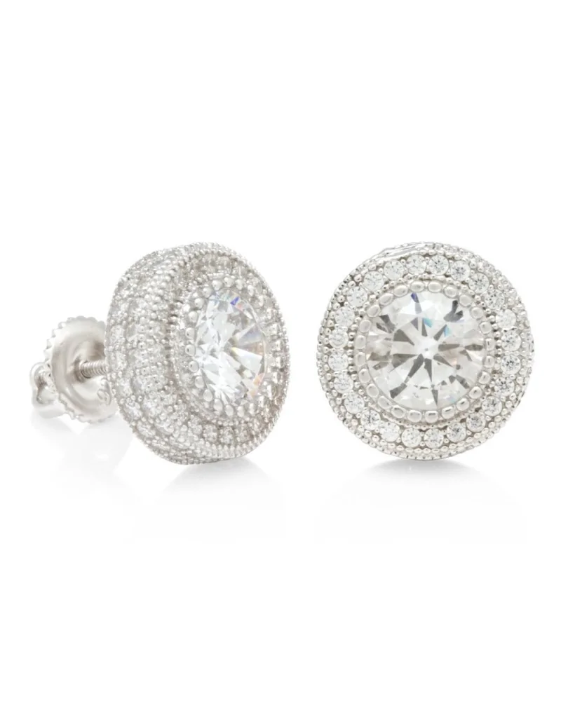 KING ICE - 14K Iced Button Stud Earrings - White Gold