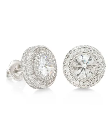 KING ICE - 14K Iced Button Stud Earrings - White Gold
