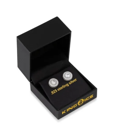 KING ICE - 14K Iced Button Stud Earrings - White Gold