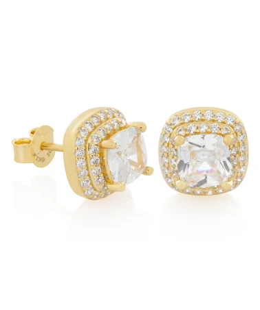 KING ICE - 10mm Halo Cushion Cut Stud Earrings - Gold | blockshops
