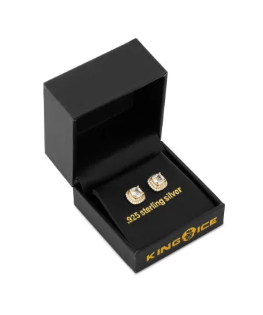 KING ICE - 10mm Halo Cushion Cut Stud Earrings - Gold | blockshops