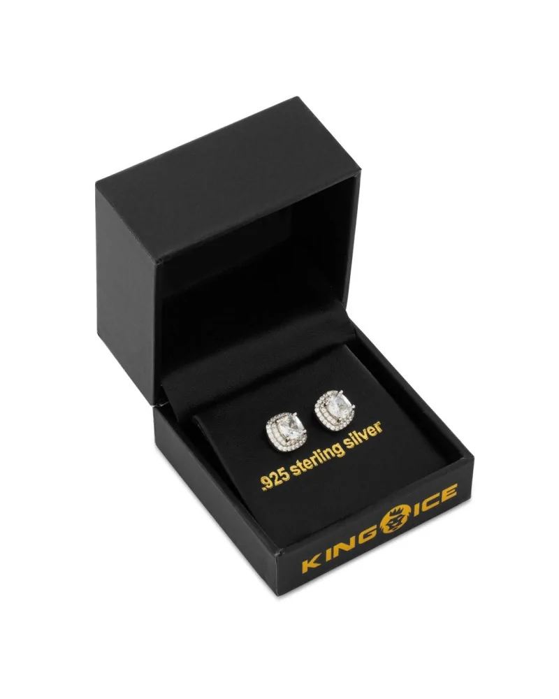 KING ICE - 10mm Halo Cushion Cut Stud Earrings - White | blockshops