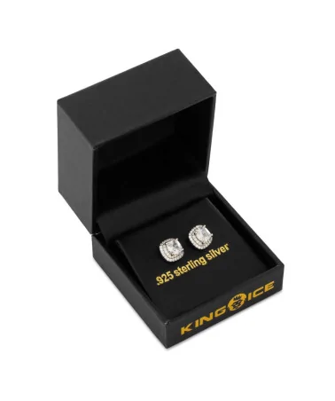 KING ICE - 10mm Halo Cushion Cut Stud Earrings - White | blockshops